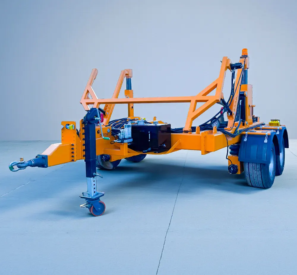 Close-up of a cable drum mounted on a reel trailer spindle